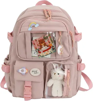 FETNHU Preppy Backpack, Kawaii Backpack with Kawaii Pin And Accessories for Girls School Cute Aesthetic Backpack (Red)