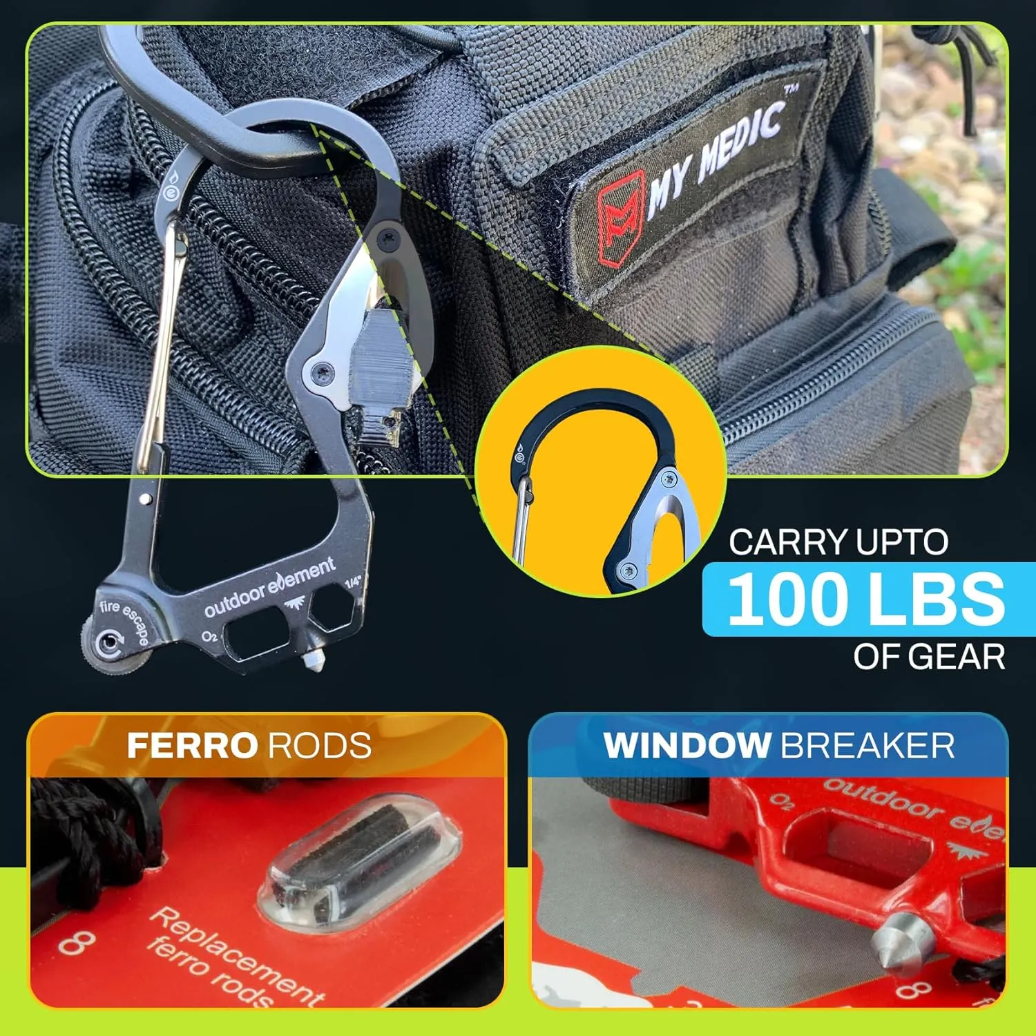 Fire Escape, Emergency Escape Tool, Seatbelt Cutter, Window Breaker, Multi Tool, Fire Starter, Carabiner, and Much More
