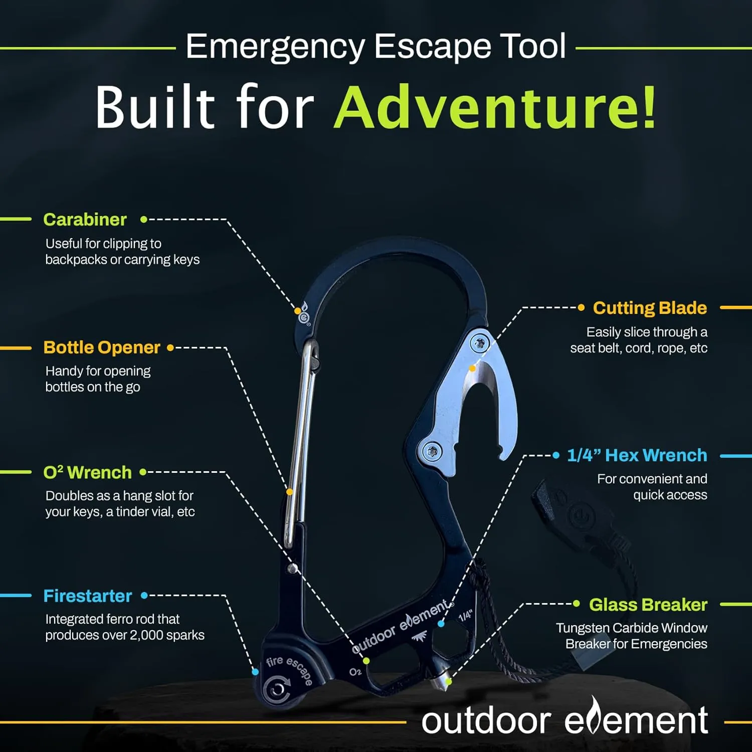 Fire Escape, Emergency Escape Tool, Seatbelt Cutter, Window Breaker, Multi Tool, Fire Starter, Carabiner, and Much More