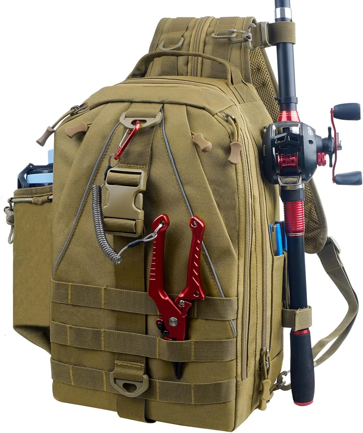 Fishing Backpack Sling Tackle Bag with Rod & Gear Holder Lightweight Outdoor Water-Resistant Fishing Shoulder Storage Bag Fishing Gift for Men Women (Large Size)