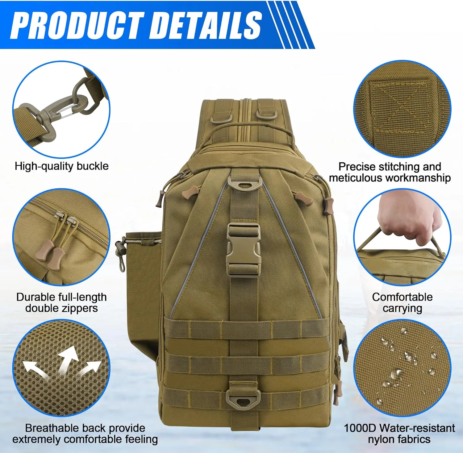 Fishing Backpack Sling Tackle Bag with Rod & Gear Holder Lightweight Outdoor Water-Resistant Fishing Shoulder Storage Bag Fishing Gift for Men Women (Large Size)