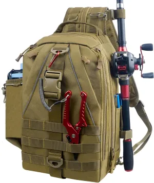 Fishing Backpack Sling Tackle Bag with Rod & Gear Holder Lightweight Outdoor Water-Resistant Fishing Shoulder Storage Bag Fishing Gift for Men Women (Large Size)