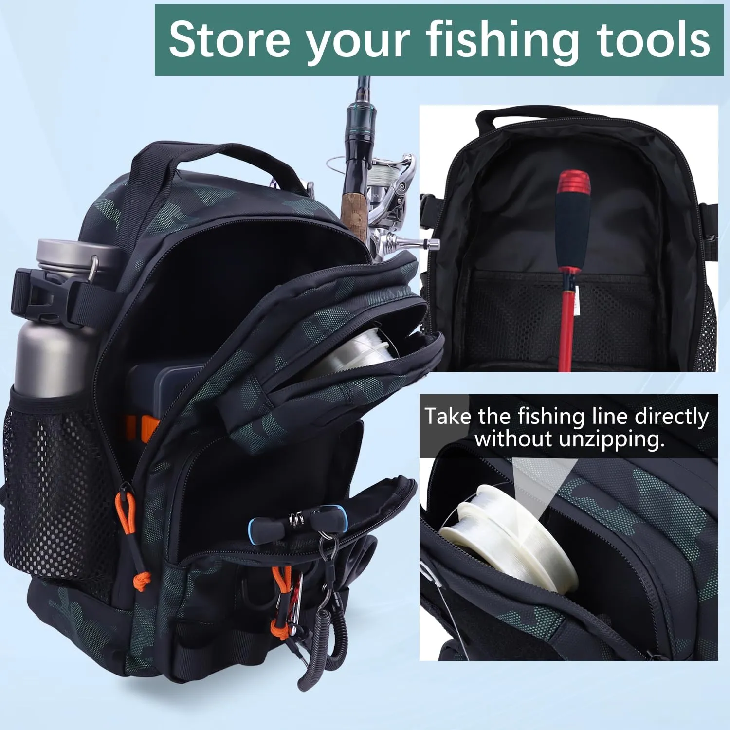 Fishing Backpack Tackle Storage Bag with Rod Holder,Lightweight Outdoor Water-Resistant Fishing Shoulder Storage Bag for Fishing, Hunting,Camping and Hiking (Green)