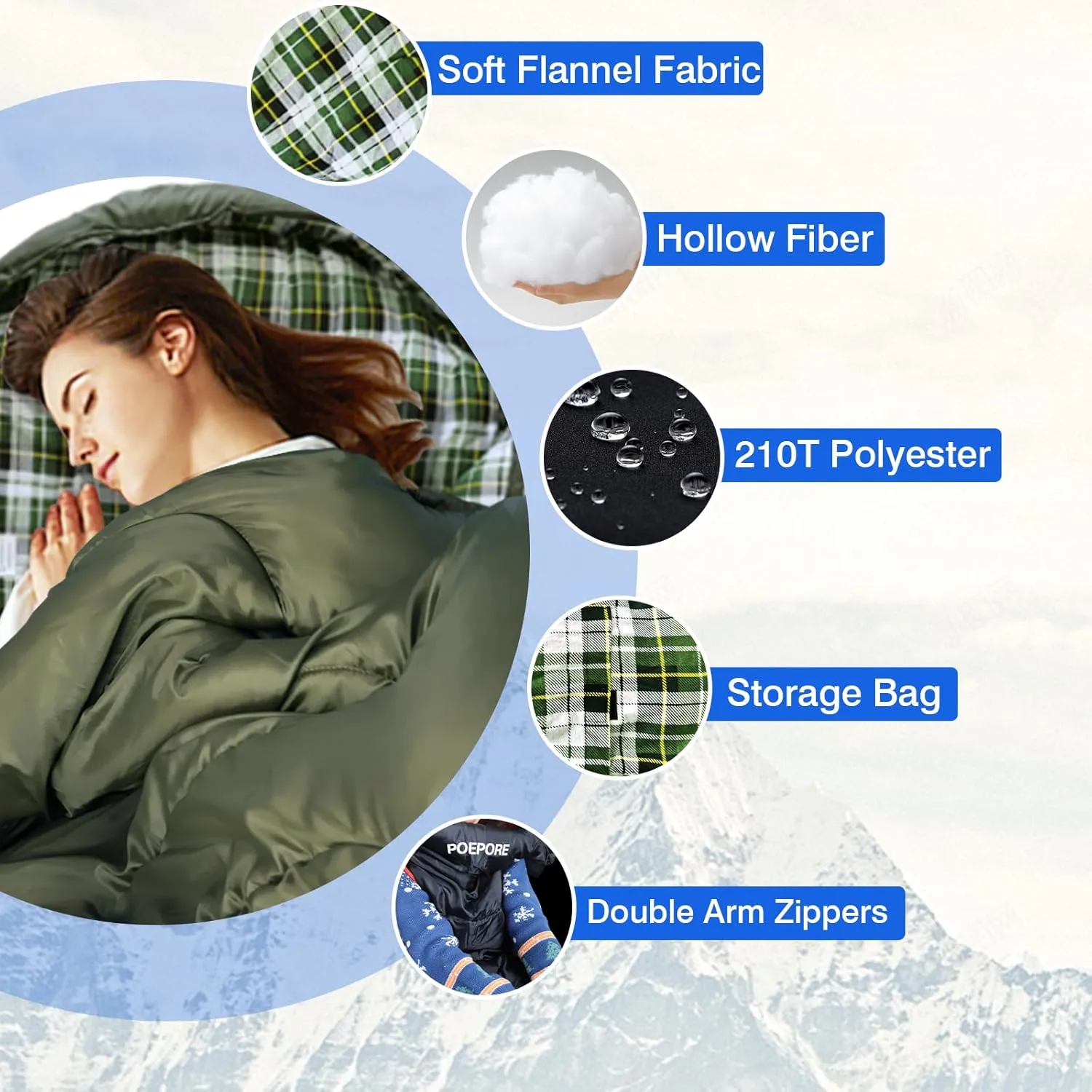 Flannel Sleeping Bag Cotton 0 Degree Cold Weather for Adults XXL Wearable Sleeping Bag 4 Seasons Waterproof with Compression Sack