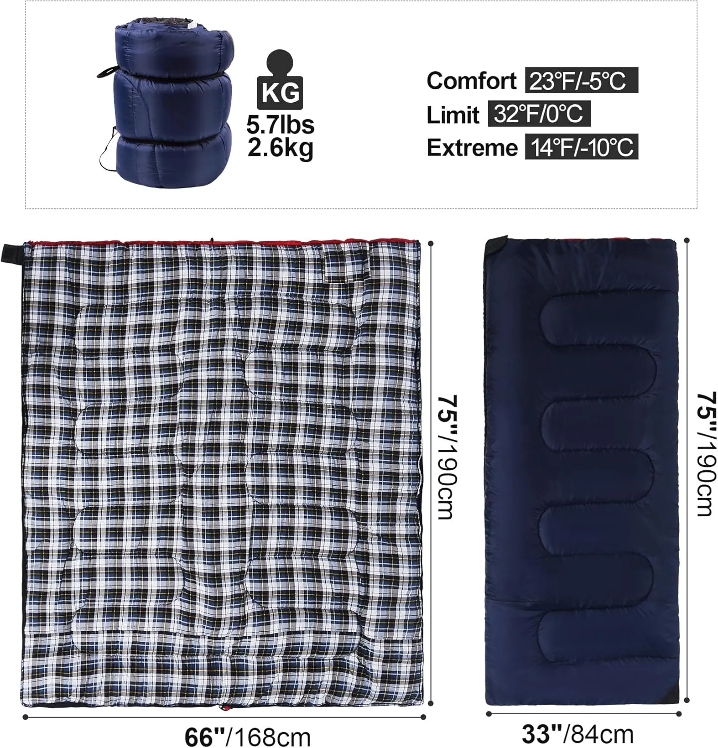 Flannel Sleeping Bag for Adults, Waterproof Cold Weather & Warm Camping Sleeping Bag with Compression Sack, 3 Season Trip Warm Envelope Sleeping Bag for Camping, Hiking, Backpacking, Outdoors