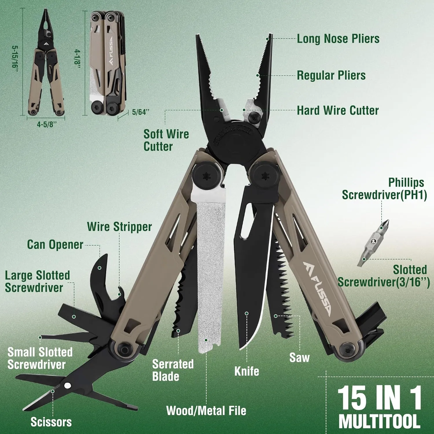 FLISSA Multitool, 15-in-1 Multi Tool Pocket Knife with Sheath, Stainless Steel EDC Multitool Pliers for Men, All-in-One Tools for Camping, Fishing, Survival