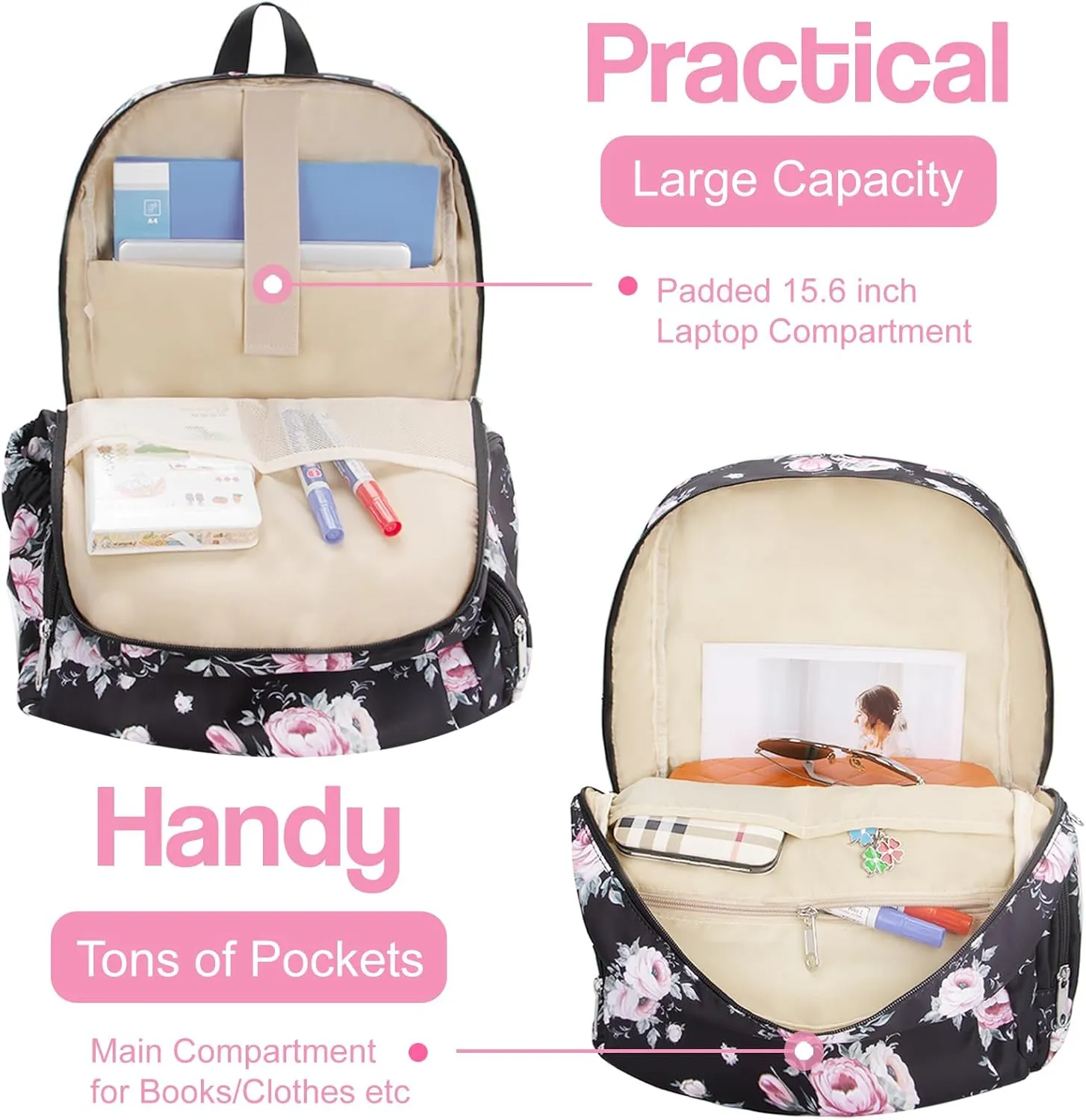 Floral Backpack for Women Extra Large 17 inch Womens Laptop Bag Teacher Nurse Work Commuter Bag with Rose Print College Campus Essentials Water Resistant Casual Daypack Back Pack Mochilas De Mujer