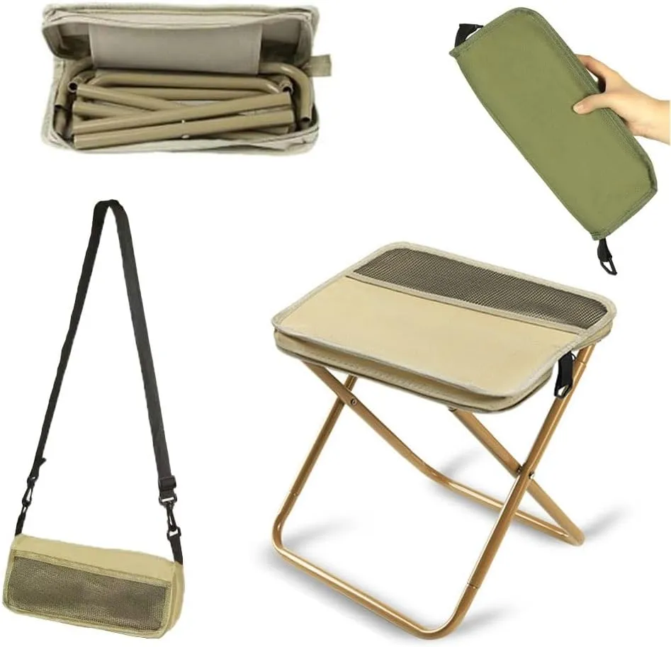Foldable Backpack Stool, Mini Outdoor Camping Collapsible Stool, Portable Small Fishing Chair with Adjustable Strap, Lightweight Folding Slacker Chairs for Fishing, Golf, Picnics, Concert(Khaki,Small)