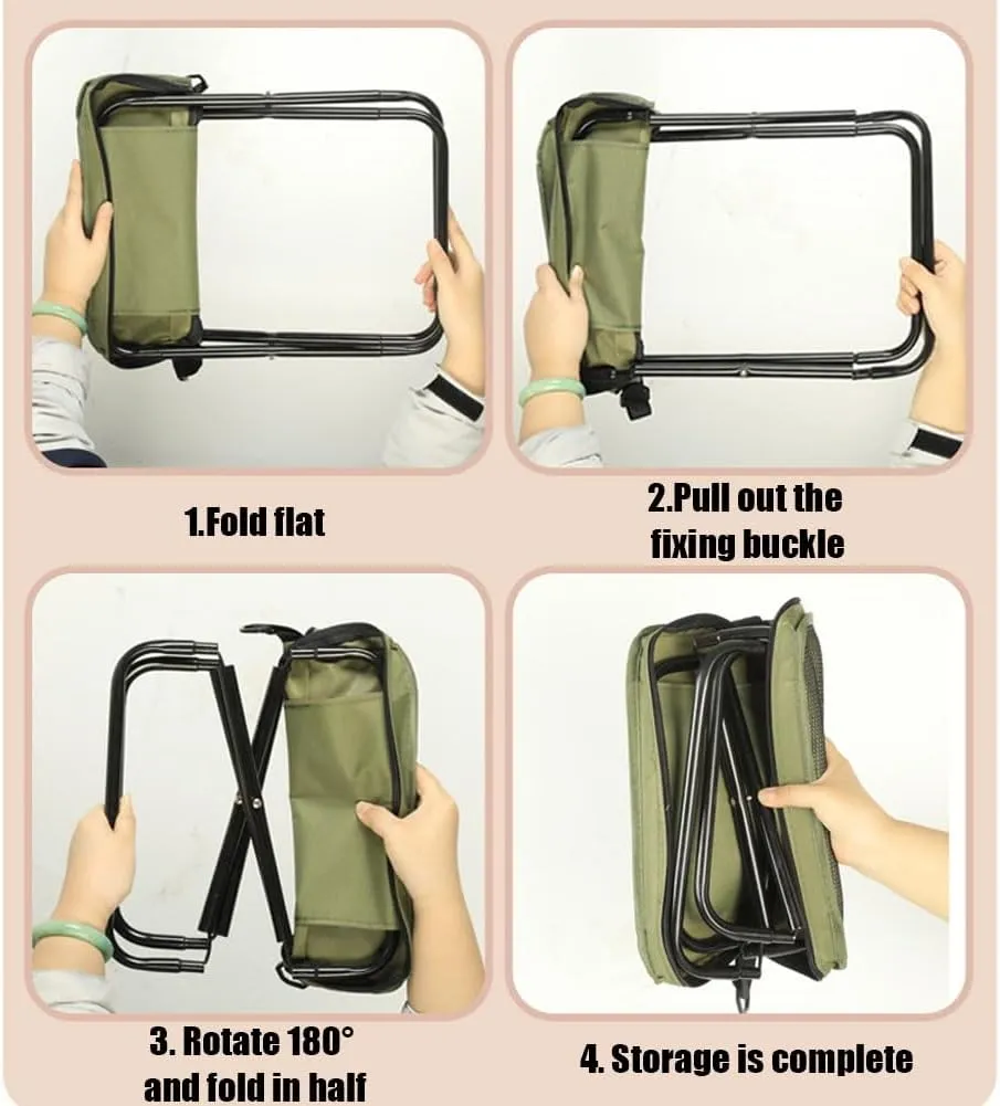 Foldable Backpack Stool, Mini Outdoor Camping Collapsible Stool, Portable Small Fishing Chair with Adjustable Strap, Lightweight Folding Slacker Chairs for Fishing, Golf, Picnics, Concert(Khaki,Small)