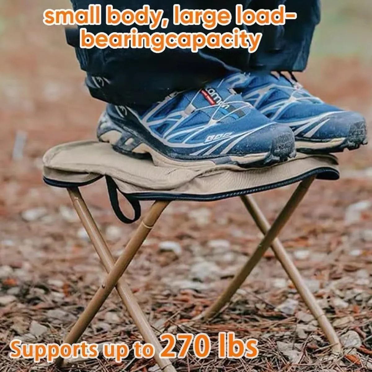 Foldable Backpack Stool, Mini Outdoor Camping Collapsible Stool, Portable Small Fishing Chair with Adjustable Strap, Lightweight Folding Slacker Chairs for Fishing, Golf, Picnics, Concert(Khaki,Small)
