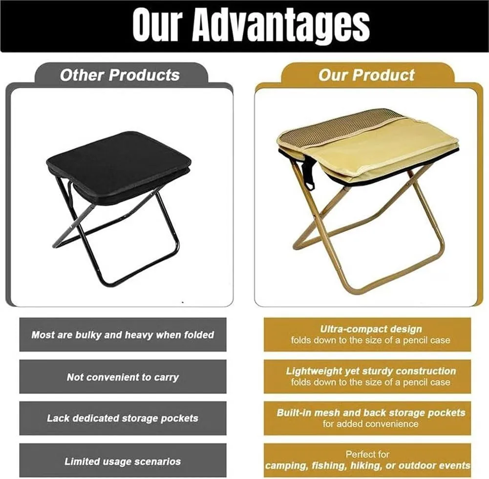Foldable Backpack Stool, Mini Outdoor Camping Collapsible Stool, Portable Small Fishing Chair with Adjustable Strap, Lightweight Folding Slacker Chairs for Fishing, Golf, Picnics, Concert(Khaki,Small)