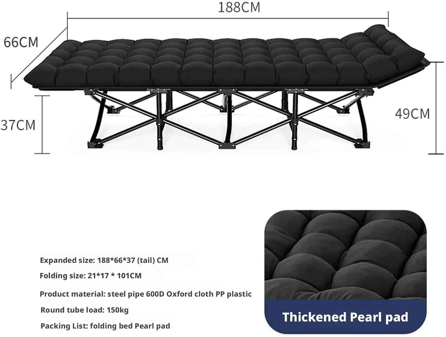 Folding Camping Cot, Folding Beds with Pearl Cotton Mattress, High-Elastic Cotton, Matte Frosting Process, Ergonomics, Portable Storage(66x188)