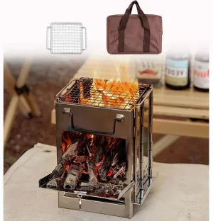 Folding Stove for Camping, Wood Stove Portable Campfire, Camping Cookware, Wood Burner Stove Stainless Steel Foldable, Camping Tent Grill Wood Stove, with Grill   Tote Bag(M)