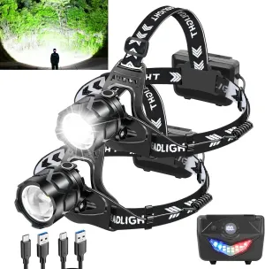 Foleto Rechargeable LED Headlamp, Super Bright Headlight with Motion Sensor, 9 Modes Zoomable Head Lamp, 180°Adjustable, IPX7 Waterproof Head Lamp for Camping, Running, Climbing, Hiking (2)