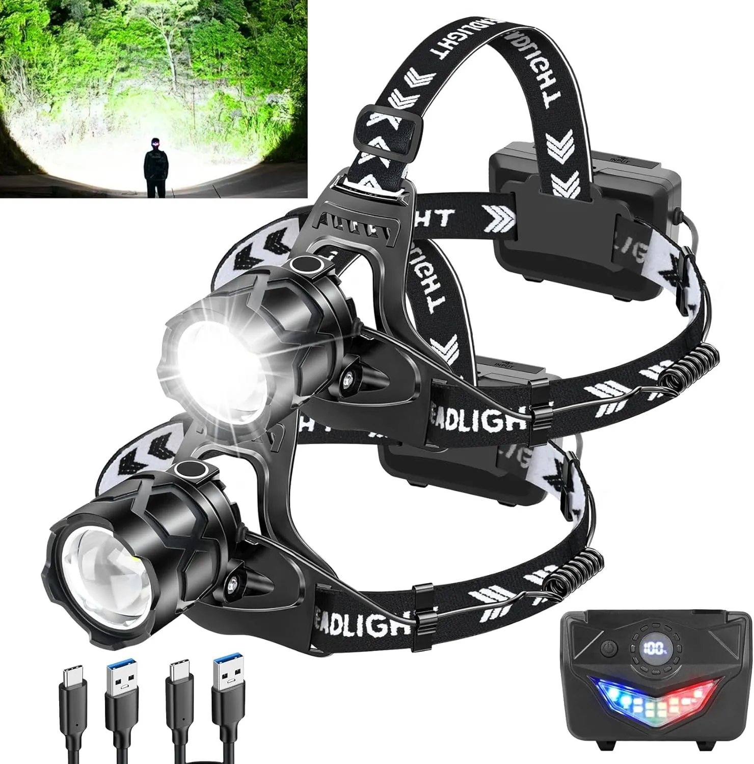 Foleto Rechargeable LED Headlamp, Super Bright Headlight with Motion Sensor, 9 Modes Zoomable Head Lamp, 180°Adjustable, IPX7 Waterproof Head Lamp for Camping, Running, Climbing, Hiking (2)