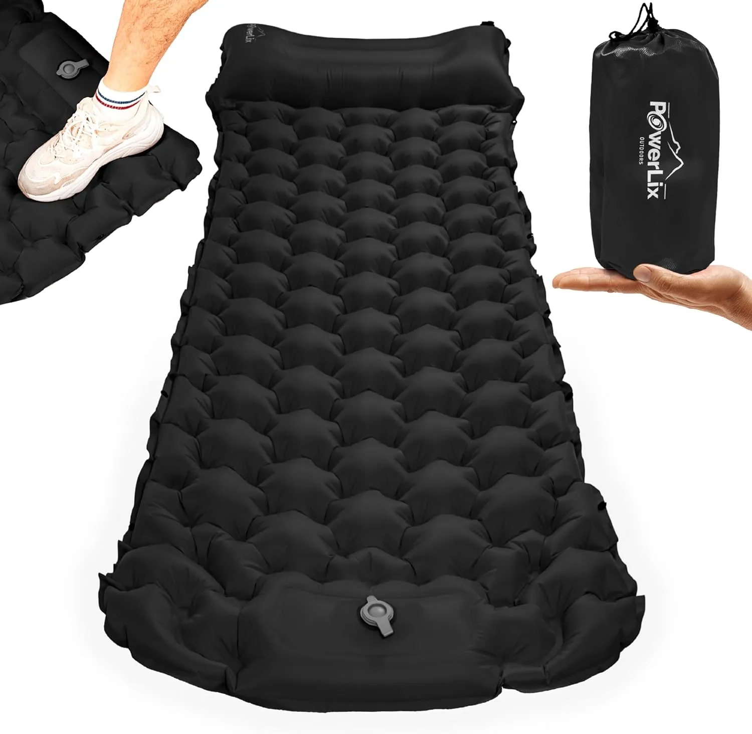 Foot Pump Inflatable Sleeping Pad for Camping with Built - in Pillow, Lightweight and Portable Outdoor Camping Air Mattress, Perfect for Backpacking, Hiking, and Traveling - Black
