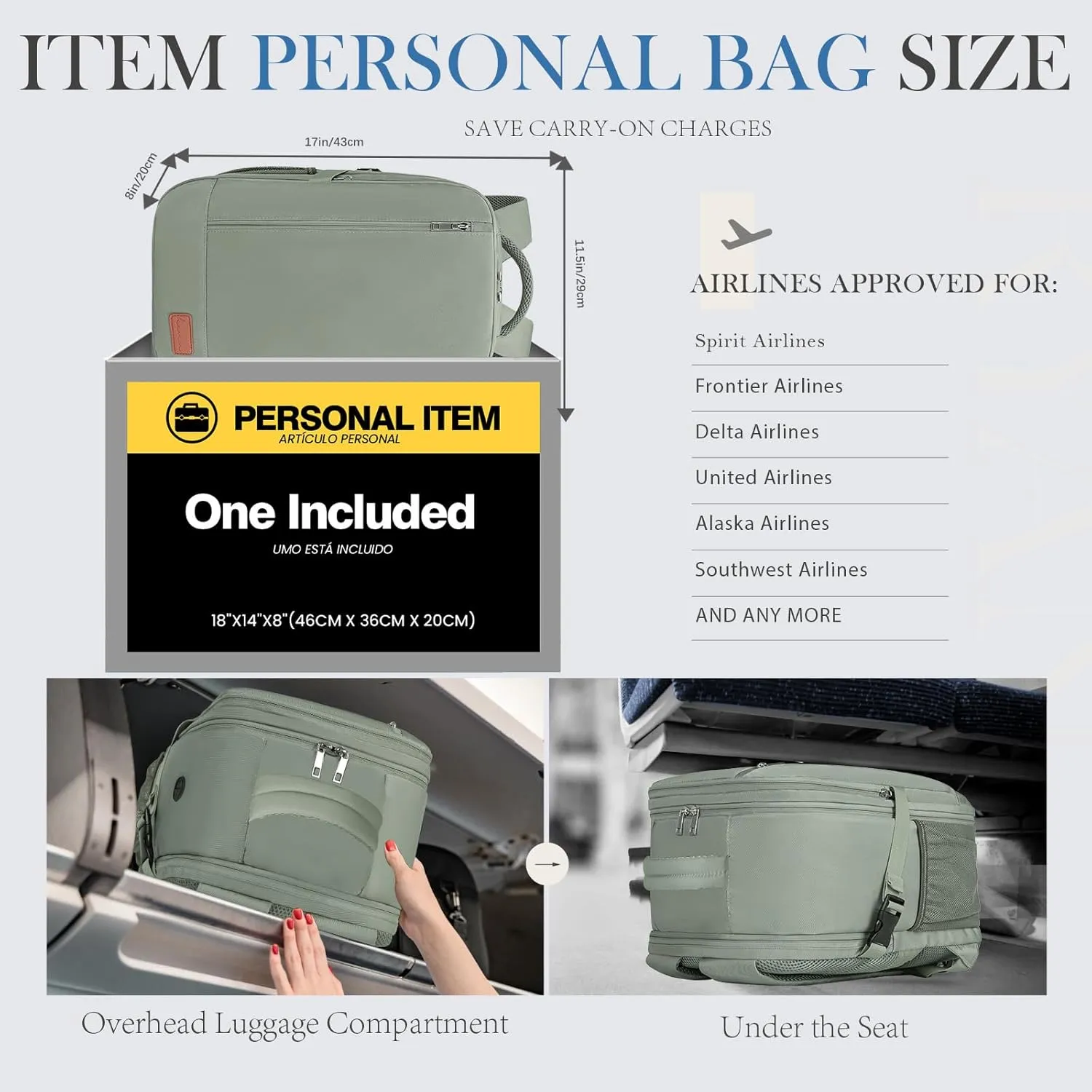 for Spirit Airlines Personal Item Bag 18x14x8 Inches Frontier Airlines Personal Item Bag Travel Backpack Carry on Flight Approved Carry on Backpack for traveling on airplane