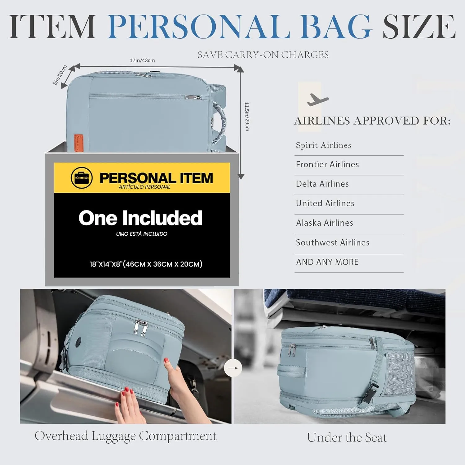 for Spirit Airlines Personal Item Bag 18x14x8 Inches Frontier Airlines Personal Item Bag Travel Backpack Carry on Flight Approved Carry on Backpack for traveling on airplane