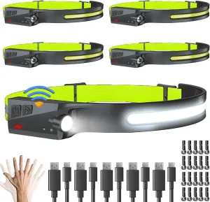 FORTEM Headlamp Rechargeable 5-Pack, 230° Wide Beam LED Head Lamp w/Motion Sensor, 6 Modes for Mechanic, 350 Lumen Hardhat Flashlight, Waterproof Headlight for Camping, Running, Hiking, Cycling