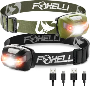 Foxelli Rechargeable Headlamp Bundle of 2 – Khaki & Black: Super Bright LED Head Lamps, Lightweight & Comfortable for Running, Camping, Hiking & Work