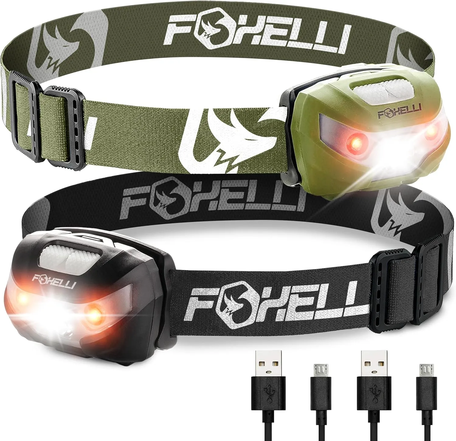 Foxelli Rechargeable Headlamp Bundle of 2 – Khaki & Black: Super Bright LED Head Lamps, Lightweight & Comfortable for Running, Camping, Hiking & Work