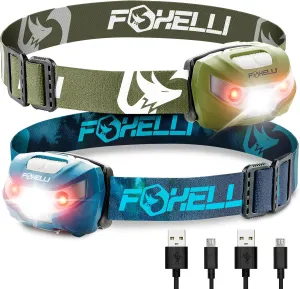 Foxelli Rechargeable Headlamp Bundle of 2 – Khaki & Forest: Super Bright LED Head Lamps, Lightweight & Comfortable for Running, Camping, Hiking & Work