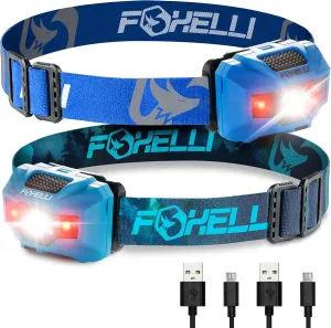 Foxelli Rechargeable LED Headlamp Bundle of 2 - Blue & Forest: Ultralight Waterproof Head Lamp with Red Light for Running, Camping, Hiking & Outdoor