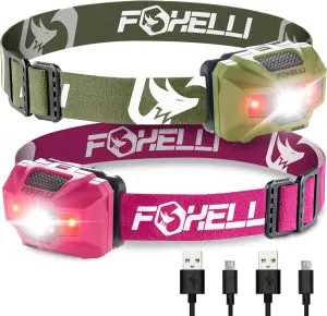 Foxelli Rechargeable LED Headlamp Bundle of 2 - Khaki & Pink: Ultralight Waterproof Head Lamp with Red Light for Running, Camping, Hiking & Outdoor