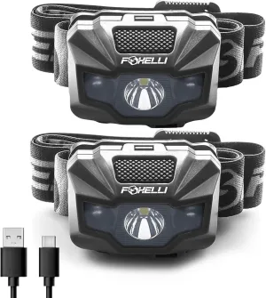 Foxelli Rechargeable LED Headlamp – Ultralight, Waterproof, and USB Rechargeable Headlamp with Red Light for Running, Camping, Hiking & Outdoors