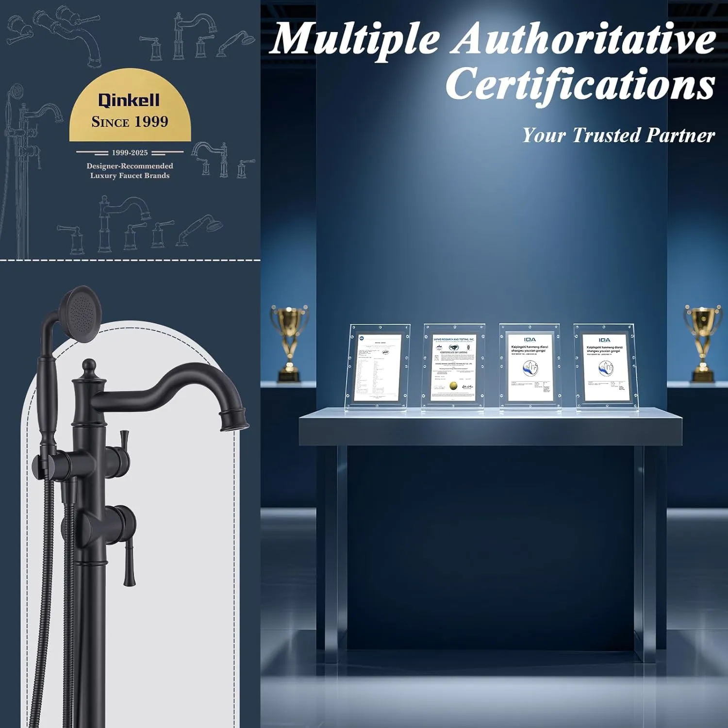 Free Standing Tub Faucet, Qinkell Classic Elegant Gooseneck Freestanding Bathtub Faucet with Sprayer Brass Luxury Floor Mount Bath Faucets High Flow Roman Tub Filler, Matte Black (QC-202511BK)