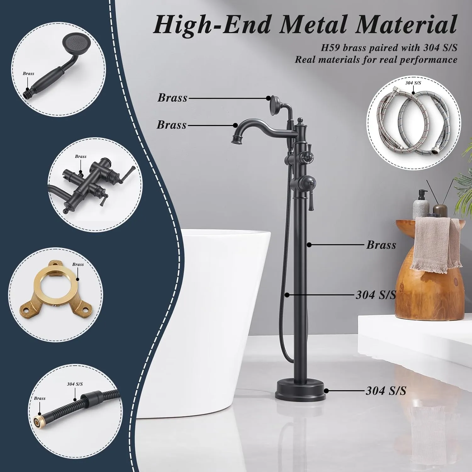 Free Standing Tub Faucet, Qinkell Classic Elegant Gooseneck Freestanding Bathtub Faucet with Sprayer Brass Luxury Floor Mount Bath Faucets High Flow Roman Tub Filler, Matte Black (QC-202511BK)