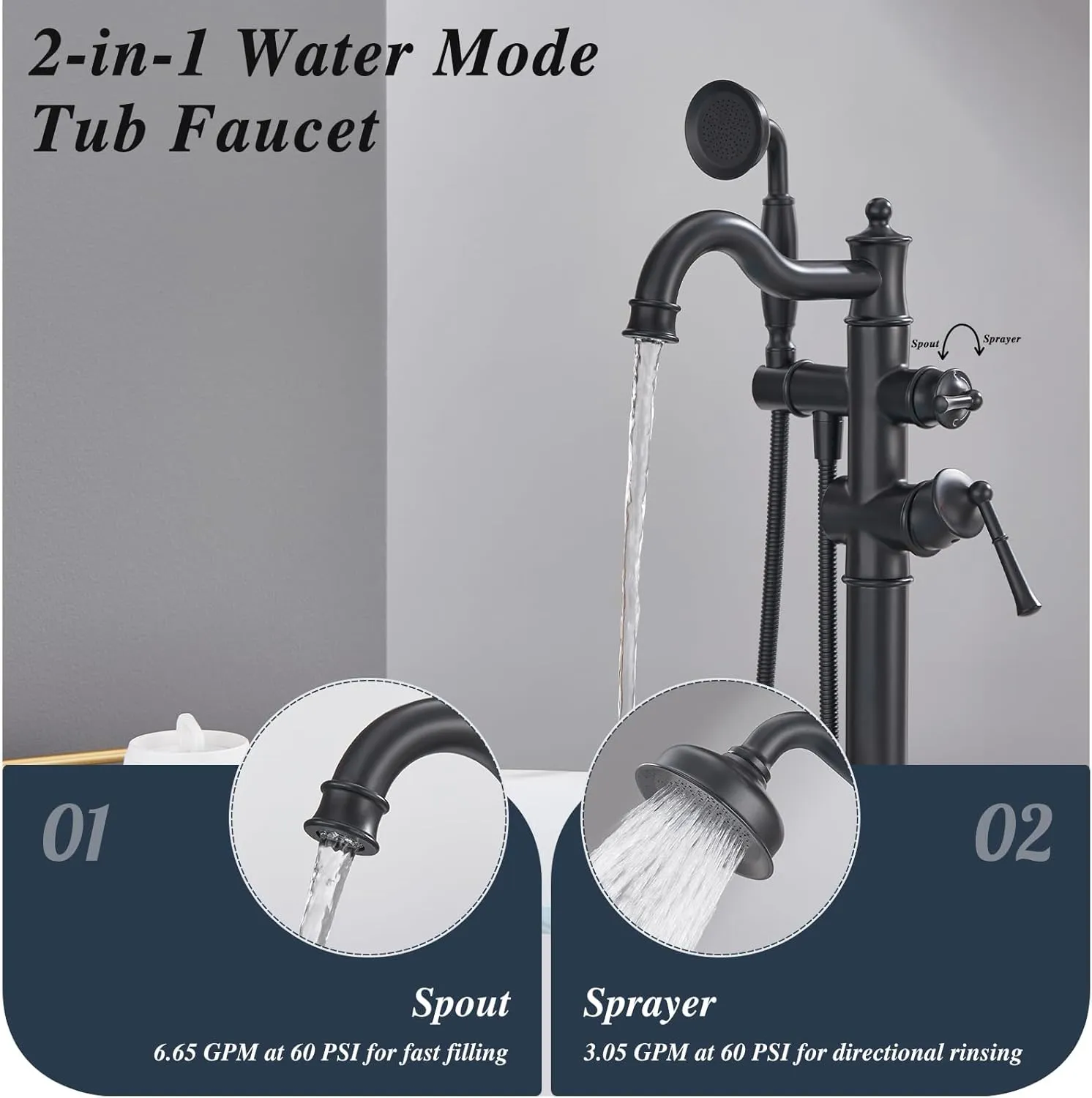 Free Standing Tub Faucet, Qinkell Classic Elegant Gooseneck Freestanding Bathtub Faucet with Sprayer Brass Luxury Floor Mount Bath Faucets High Flow Roman Tub Filler, Matte Black (QC-202511BK)