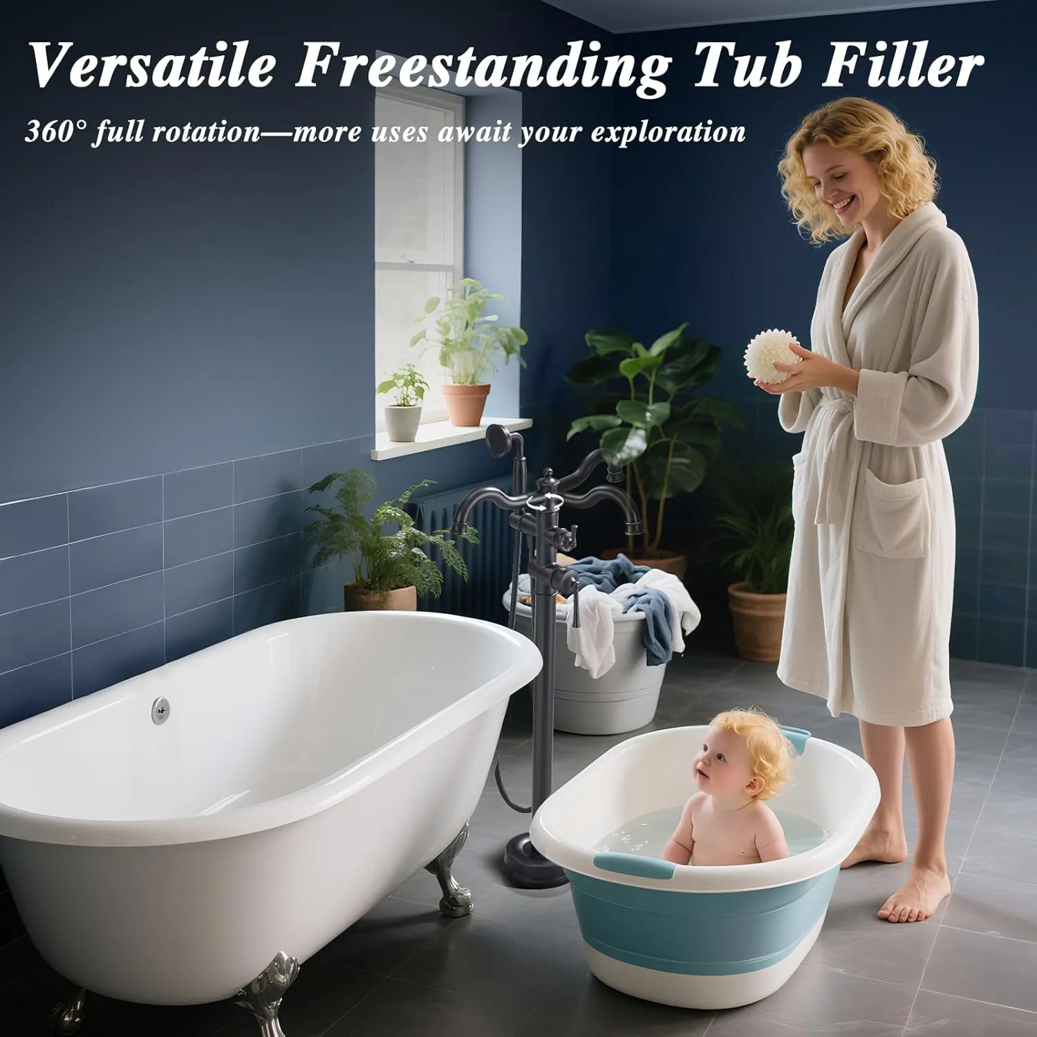 Free Standing Tub Faucet, Qinkell Classic Elegant Gooseneck Freestanding Bathtub Faucet with Sprayer Brass Luxury Floor Mount Bath Faucets High Flow Roman Tub Filler, Matte Black (QC-202511BK)