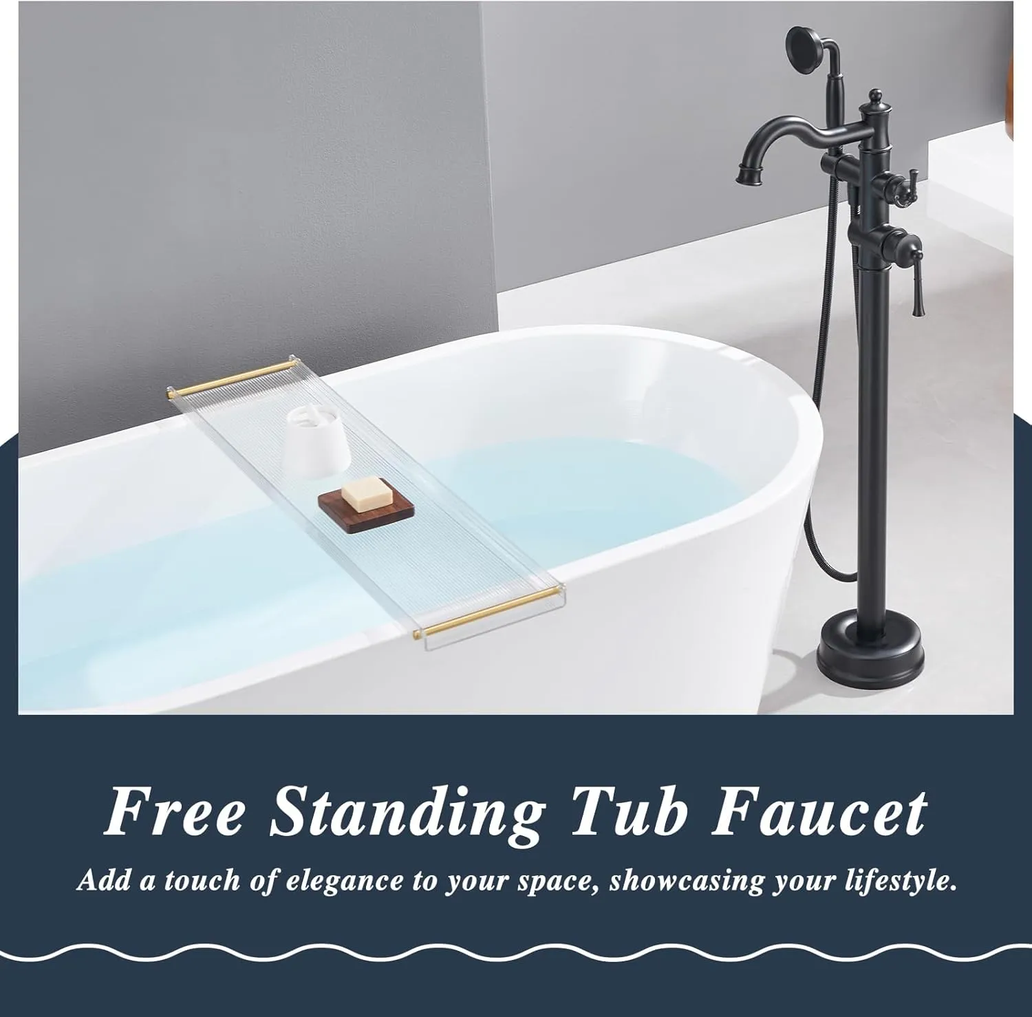 Free Standing Tub Faucet, Qinkell Classic Elegant Gooseneck Freestanding Bathtub Faucet with Sprayer Brass Luxury Floor Mount Bath Faucets High Flow Roman Tub Filler, Matte Black (QC-202511BK)