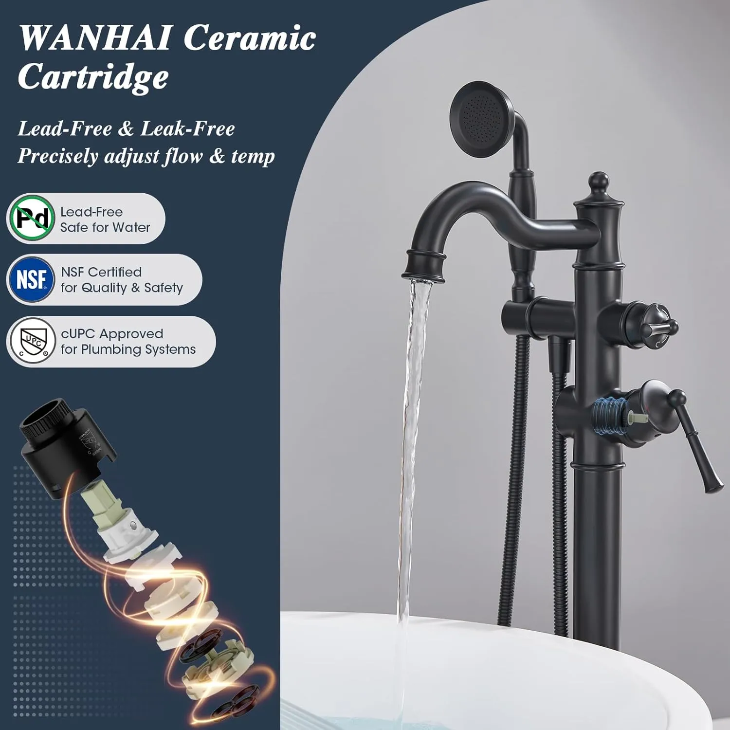 Free Standing Tub Faucet, Qinkell Classic Elegant Gooseneck Freestanding Bathtub Faucet with Sprayer Brass Luxury Floor Mount Bath Faucets High Flow Roman Tub Filler, Matte Black (QC-202511BK)