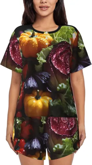 Fresh Cabbage Women's Short Sleeve Pajamas 2 Set Round Neck Top & Shorts S-4XL Cute Home Clothes print Lounge Set