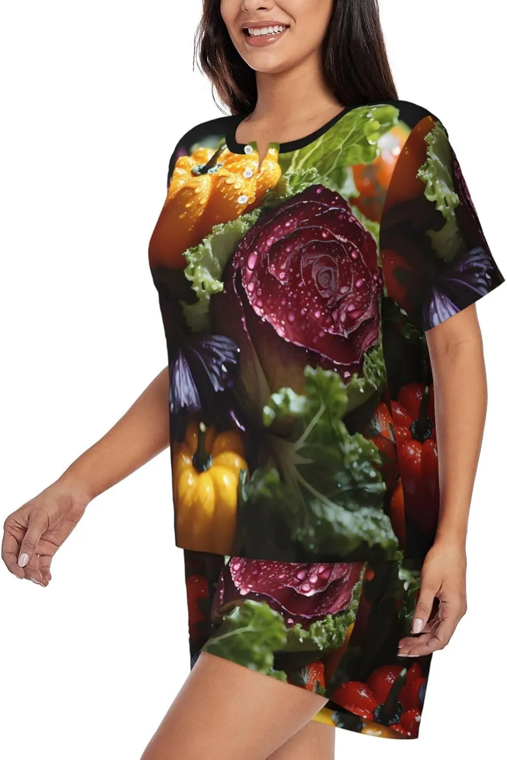Fresh Cabbage Women's Short Sleeve Pajamas 2 Set Round Neck Top & Shorts S-4XL Cute Home Clothes print Lounge Set