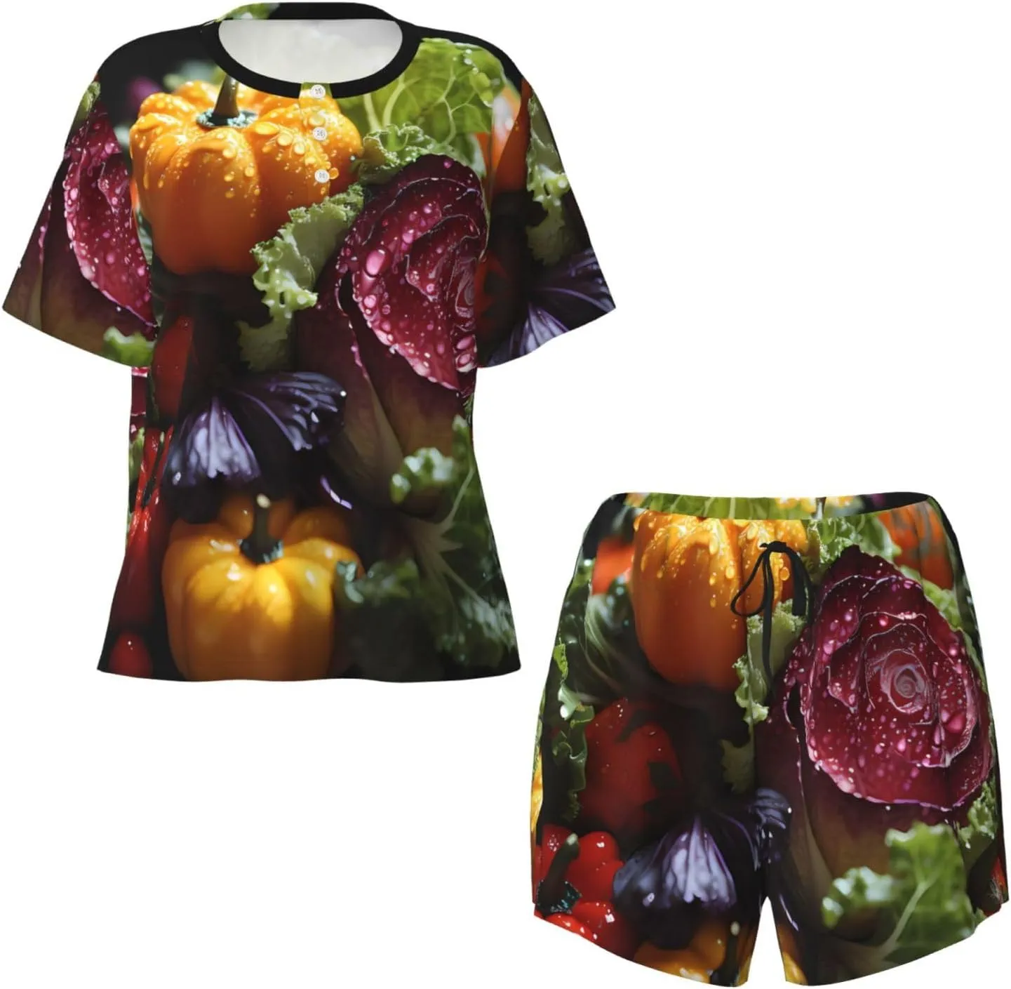 Fresh Cabbage Women's Short Sleeve Pajamas 2 Set Round Neck Top & Shorts S-4XL Cute Home Clothes print Lounge Set