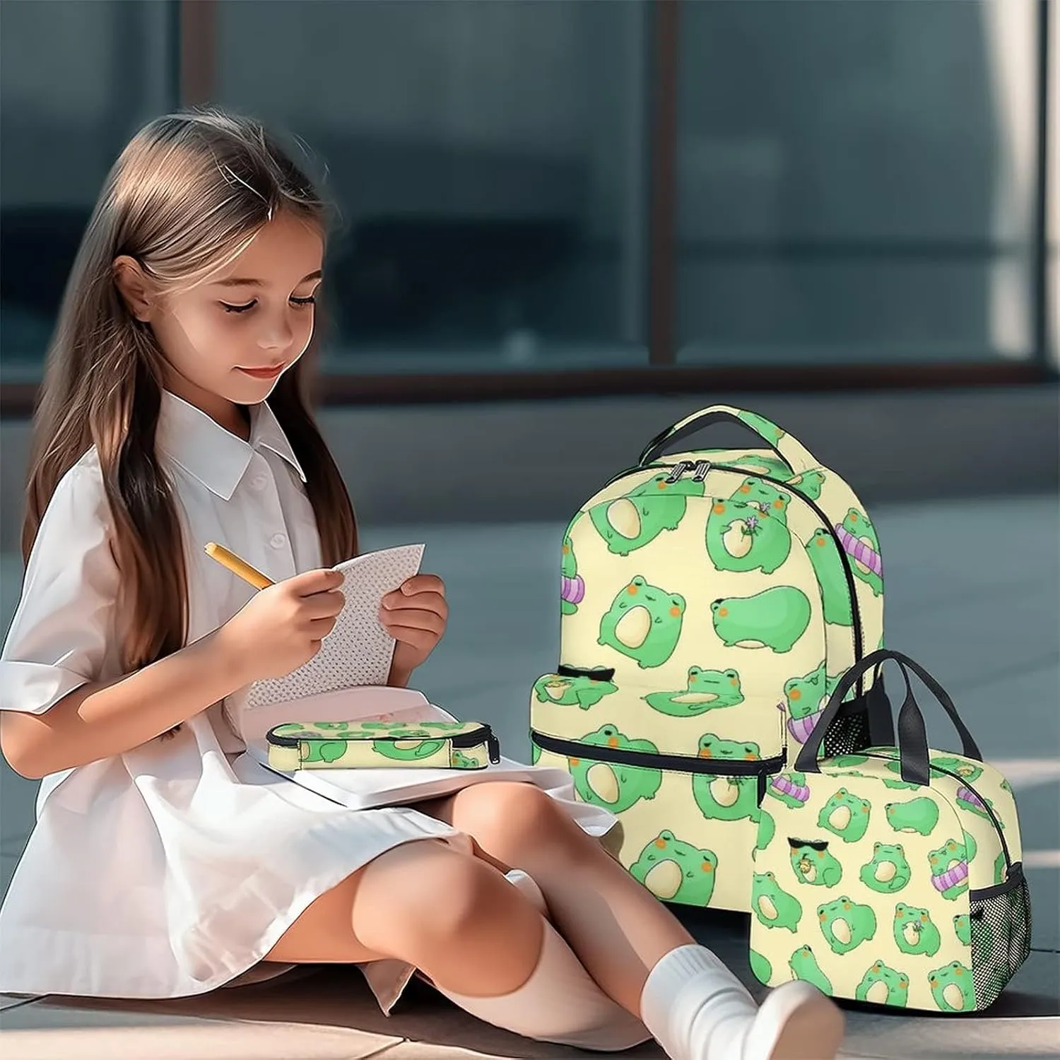 Frog Backpack with Lunch Box And Pencil Case, Set of 3 Cute Bookbag for Girls Boys, Lightweight Large Capacity School Bag