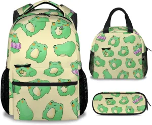 Frog Backpack with Lunch Box And Pencil Case, Set of 3 Cute Bookbag for Girls Boys, Lightweight Large Capacity School Bag