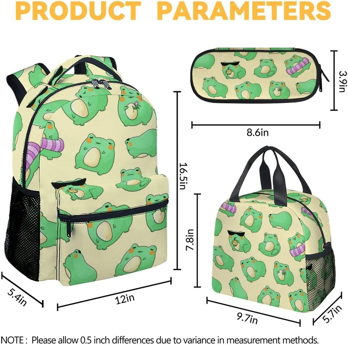 Frog Backpack with Lunch Box And Pencil Case, Set of 3 Cute Bookbag for Girls Boys, Lightweight Large Capacity School Bag