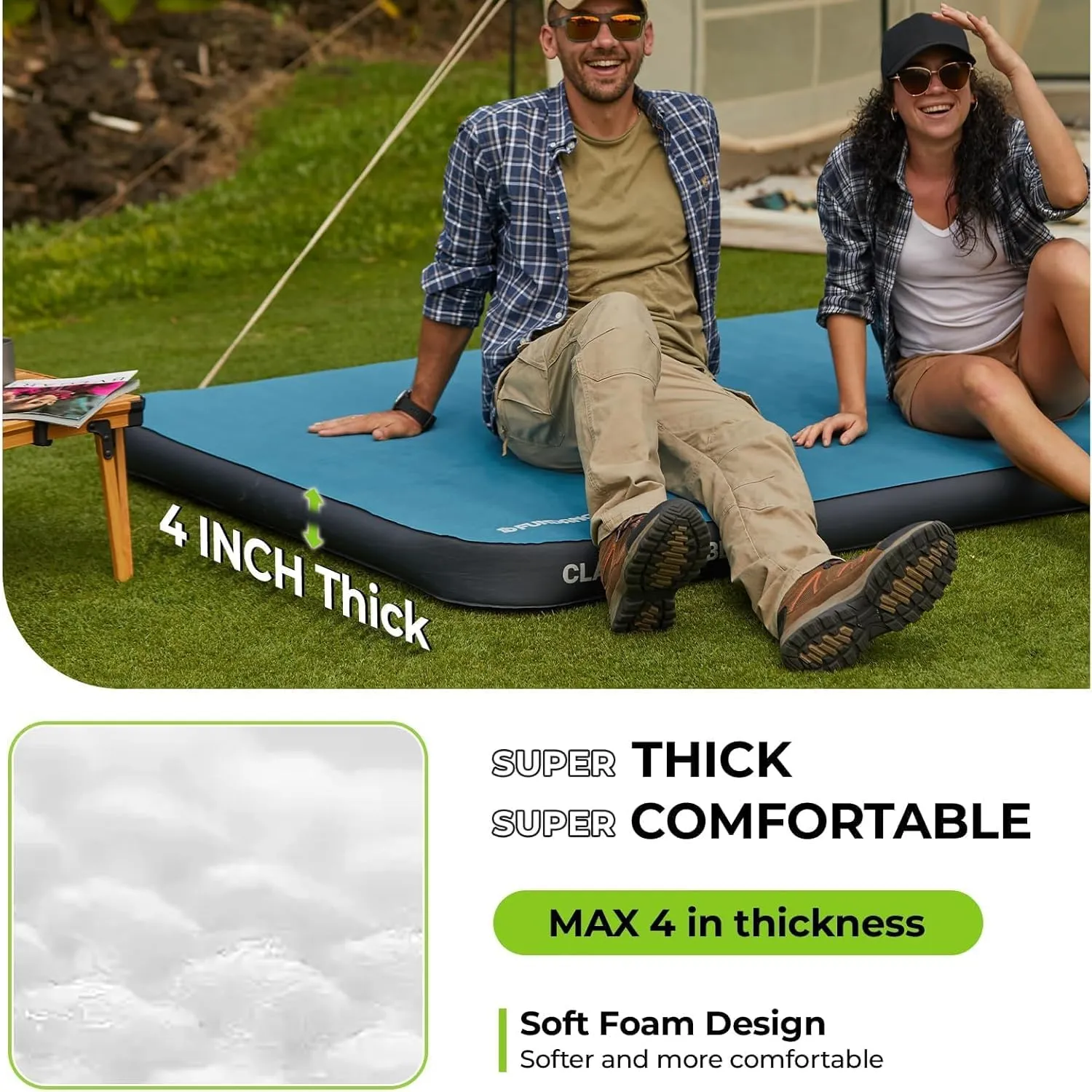 FUNDANGO Queen Sleeping Pad for Camping, 2 Person Self-Inflating Air Mattress Cot, Foldable Camping Mat with Pump Sack Bag, Camping Essentials for Tents Car, Outdoor & Home