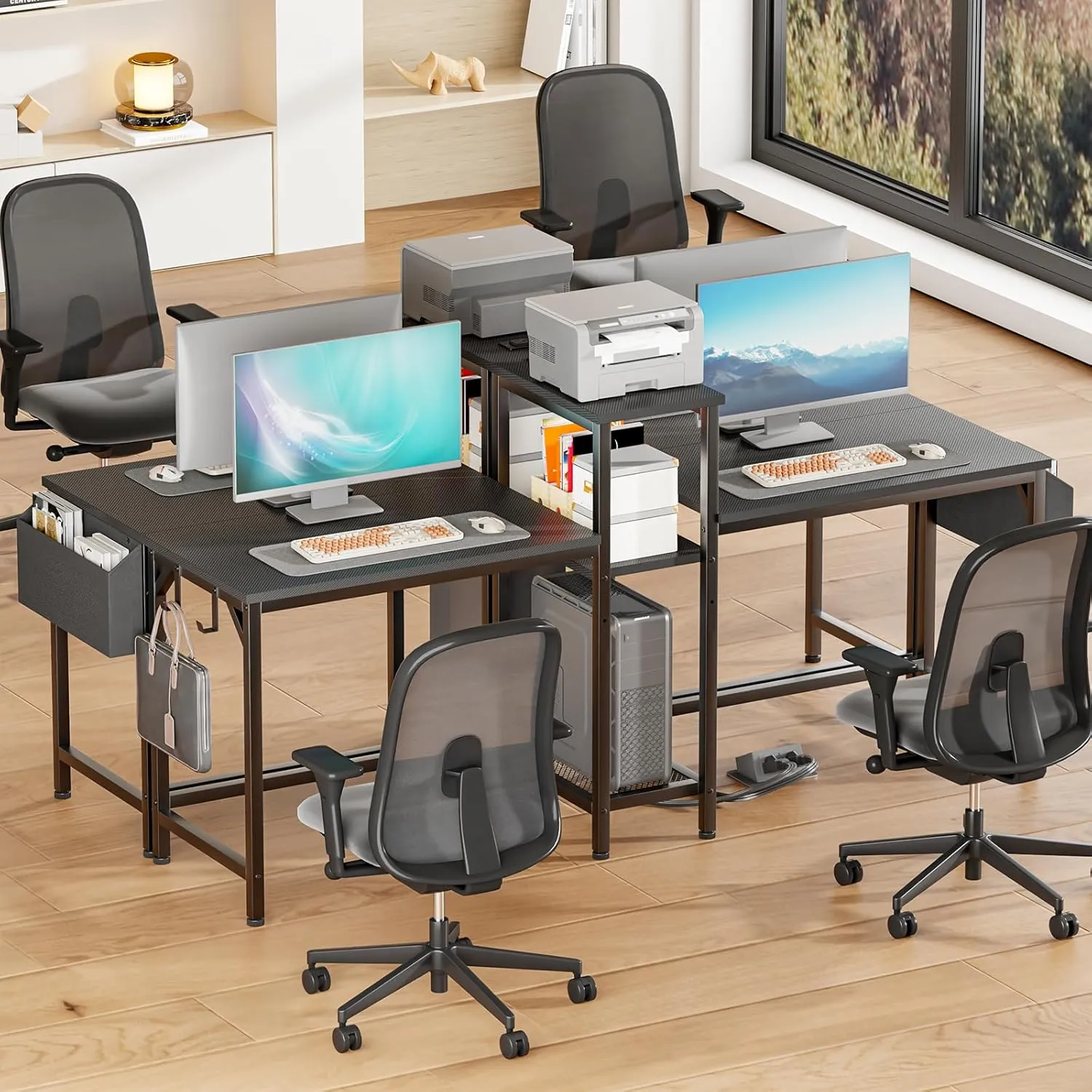 Furologee Double Desk with Power Outlets, 71 Inch Computer Desk with Storage Bag and Headphone Hooks, Gaming Desk Study Writing Table for Home Office, Black
