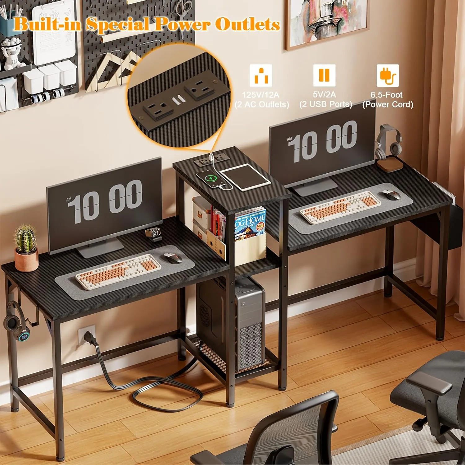 Furologee Double Desk with Power Outlets, 71 Inch Computer Desk with Storage Bag and Headphone Hooks, Gaming Desk Study Writing Table for Home Office, Black