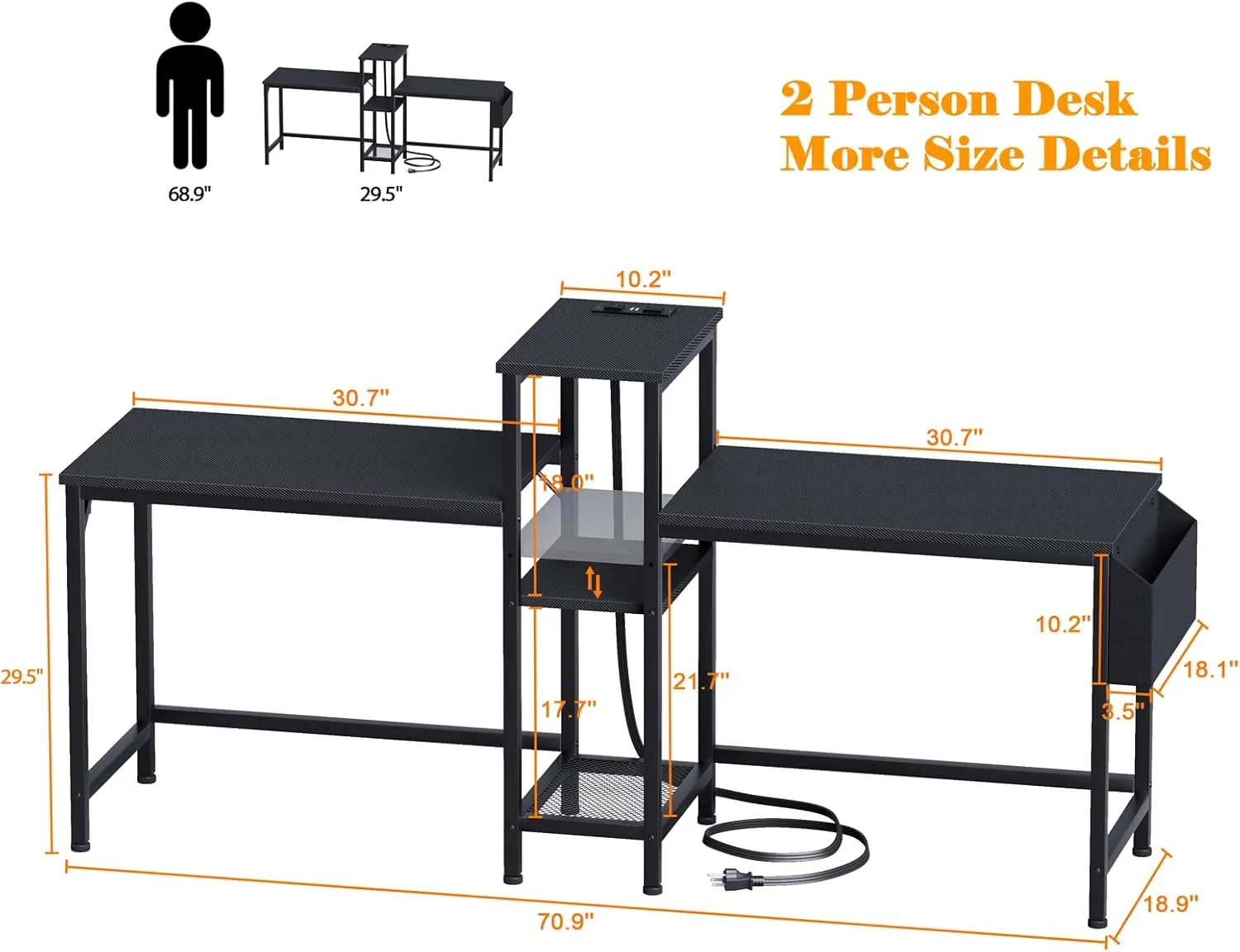 Furologee Double Desk with Power Outlets, 71 Inch Computer Desk with Storage Bag and Headphone Hooks, Gaming Desk Study Writing Table for Home Office, Black