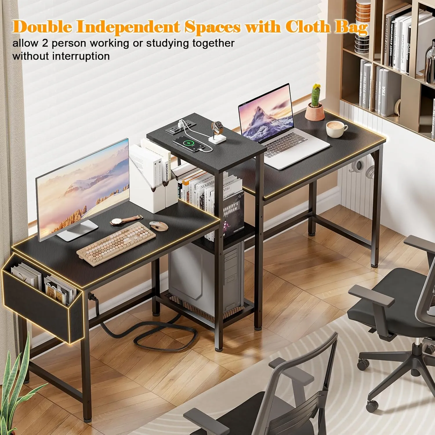 Furologee Double Desk with Power Outlets, 71 Inch Computer Desk with Storage Bag and Headphone Hooks, Gaming Desk Study Writing Table for Home Office, Black