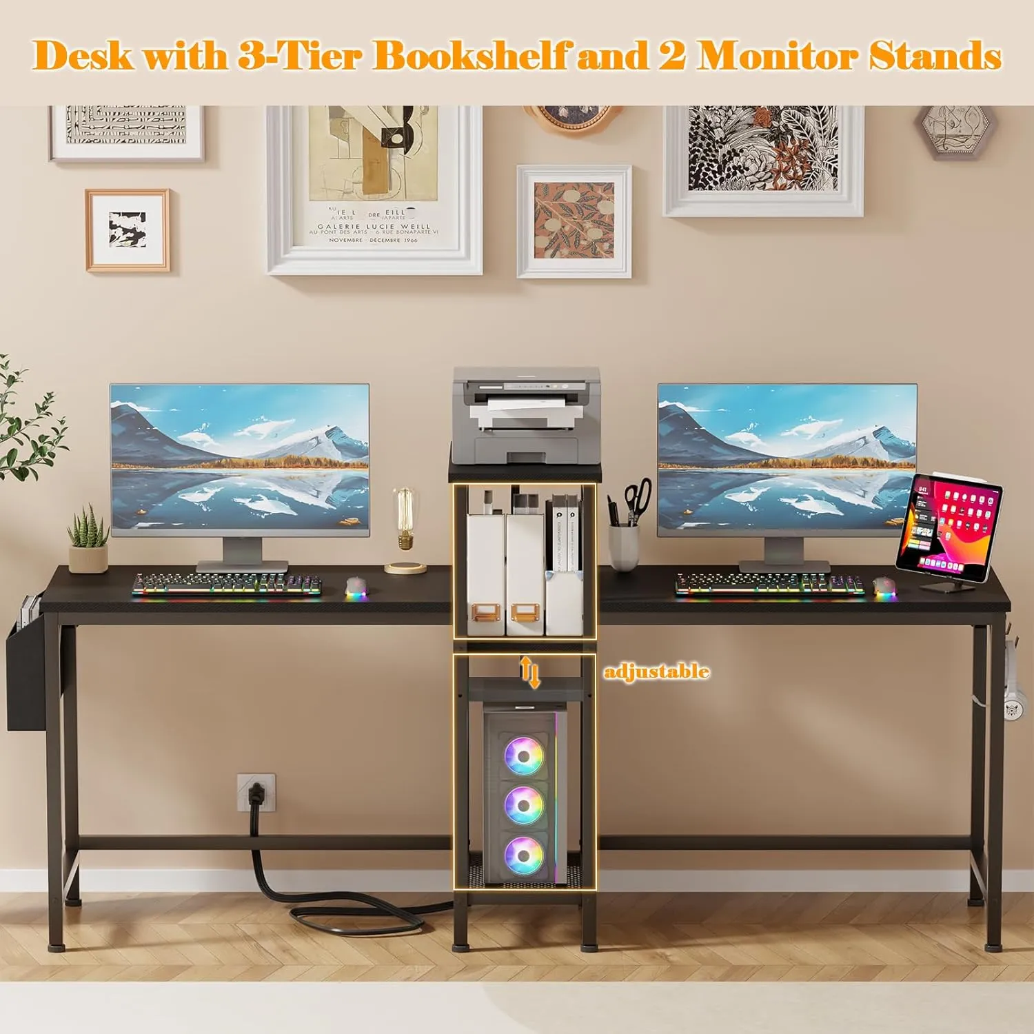 Furologee Double Desk with Power Outlets, 71 Inch Computer Desk with Storage Bag and Headphone Hooks, Gaming Desk Study Writing Table for Home Office, Black