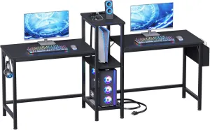 Furologee Double Desk with Power Outlets, 71 Inch Computer Desk with Storage Bag and Headphone Hooks, Gaming Desk Study Writing Table for Home Office, Black