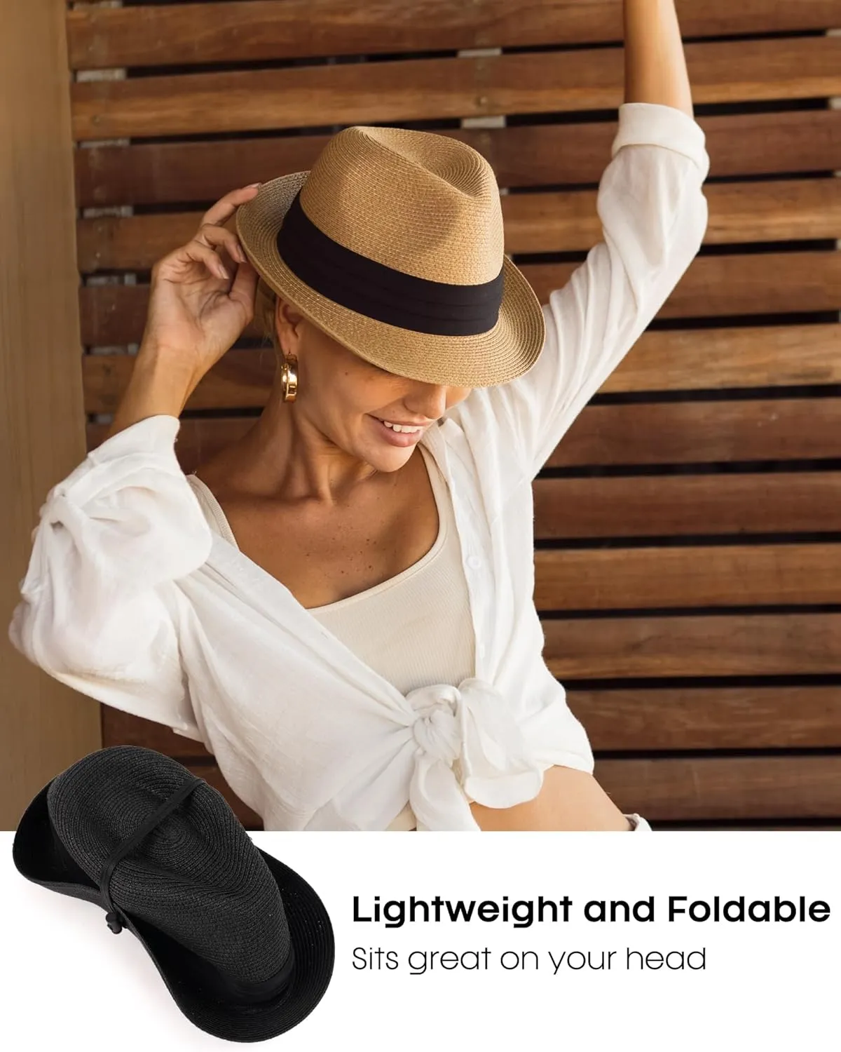 FURTALK Fedora Straw Sun Hat for Men Women Foldable Roll Up Short Brim Trilby Hat Panama Beach Hat UPF 80 