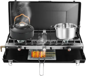 Gas Camping Stove, 3-Burner Propane Camping Stove, Folding Outdoor Camping Stove, Tabletop Portable Cooking Stove with Removable Grid and Tray for Car Camping BBQ Picnics Outdoor Cooking